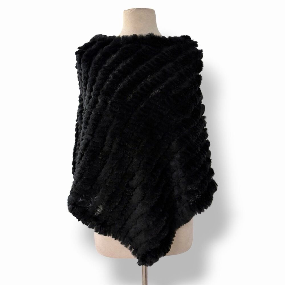 Studio 512 Real Rabbit Fur Poncho Black Crop Knit Cape Y2K Mob Wife Shrug OS